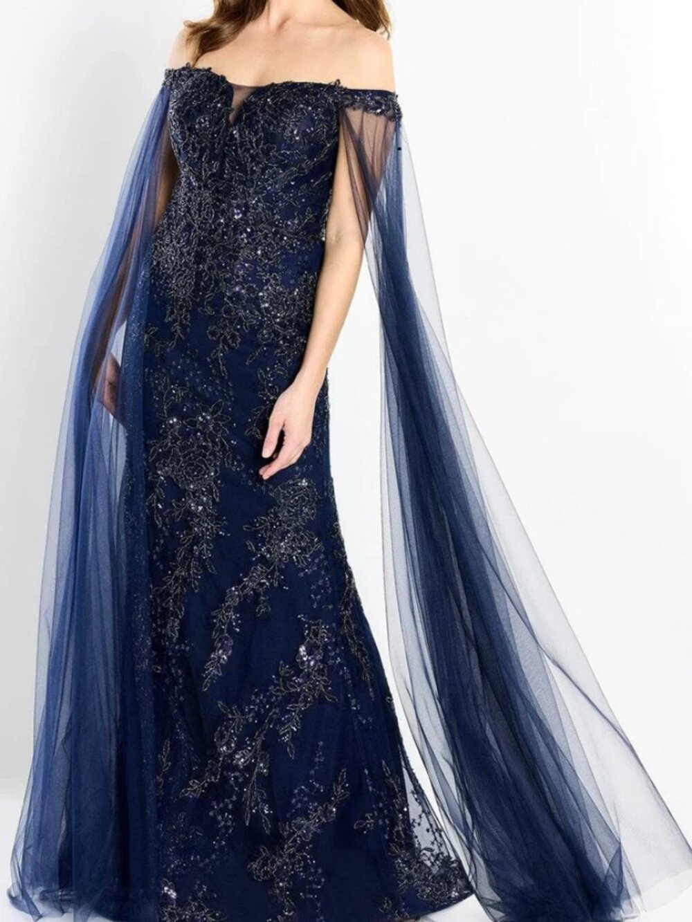 NWT Montage by Mon Cheri M2204 Beaded Applique Prom Dress Navy Size 14 - Picture 1 of 8